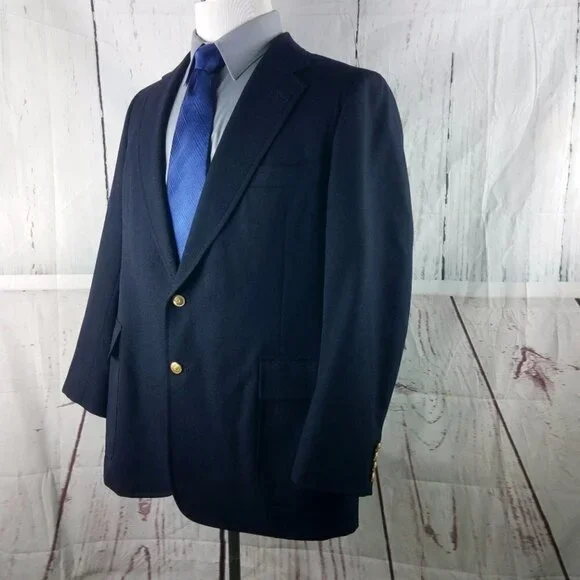 Vtg Nieman Marcus 43R 2 Gold Button Navy Blue Suit Blazer Sport Coat